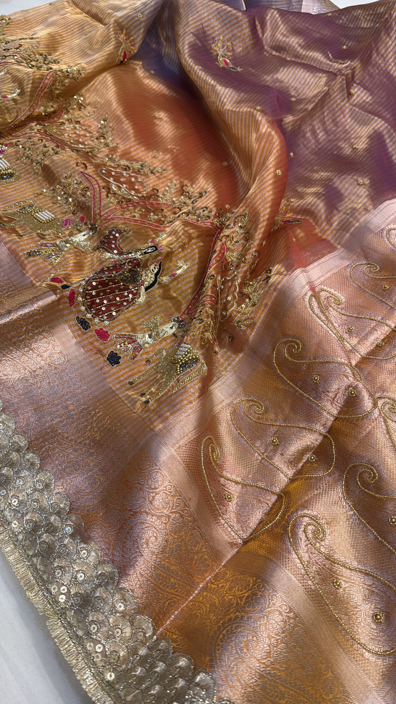 Rasleela hand embroidered husn peachy ombre shaded tissue silk saree